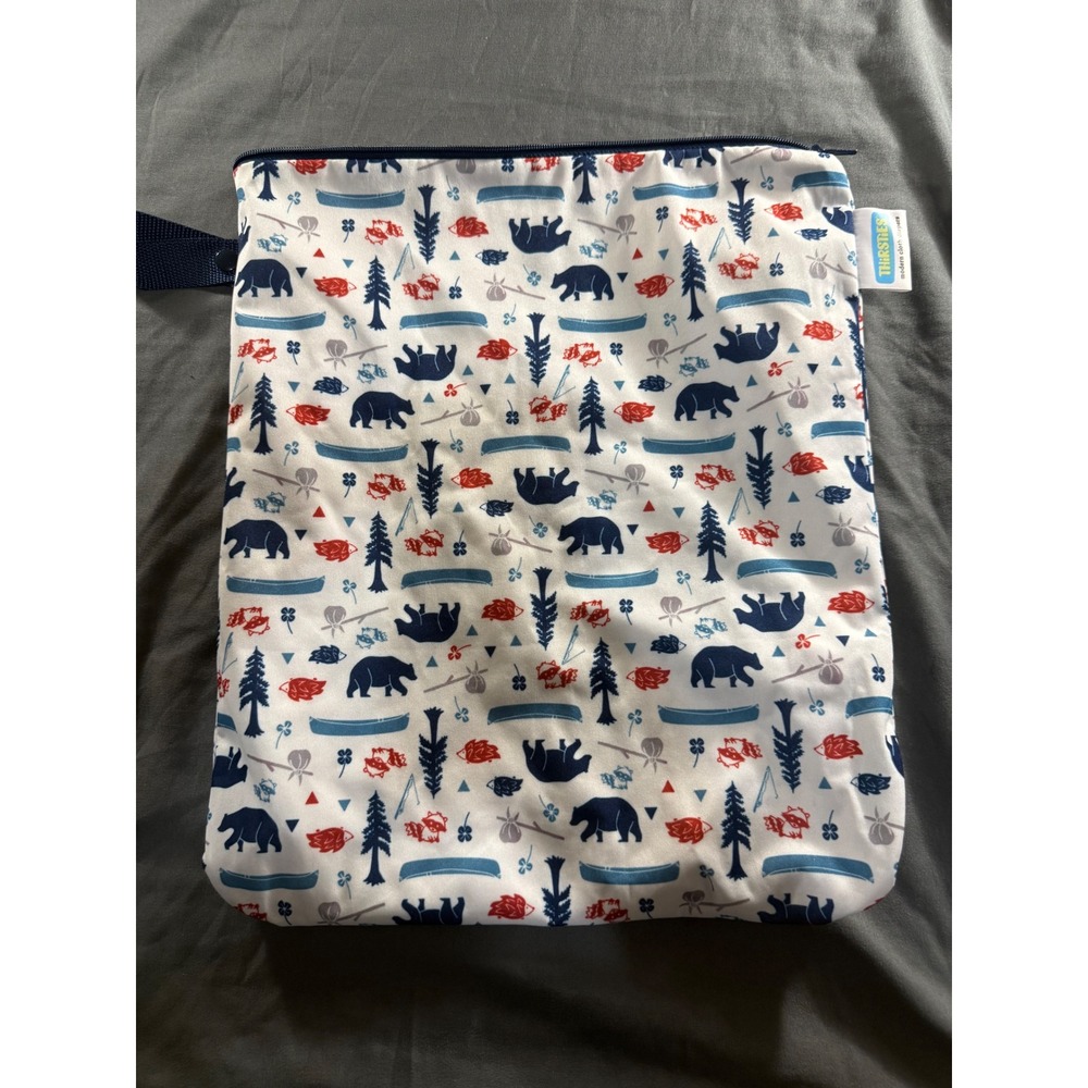 Thirsties Wet Bag Campout Print Diaper Bag Travel Pouch Navy Red White USA Made